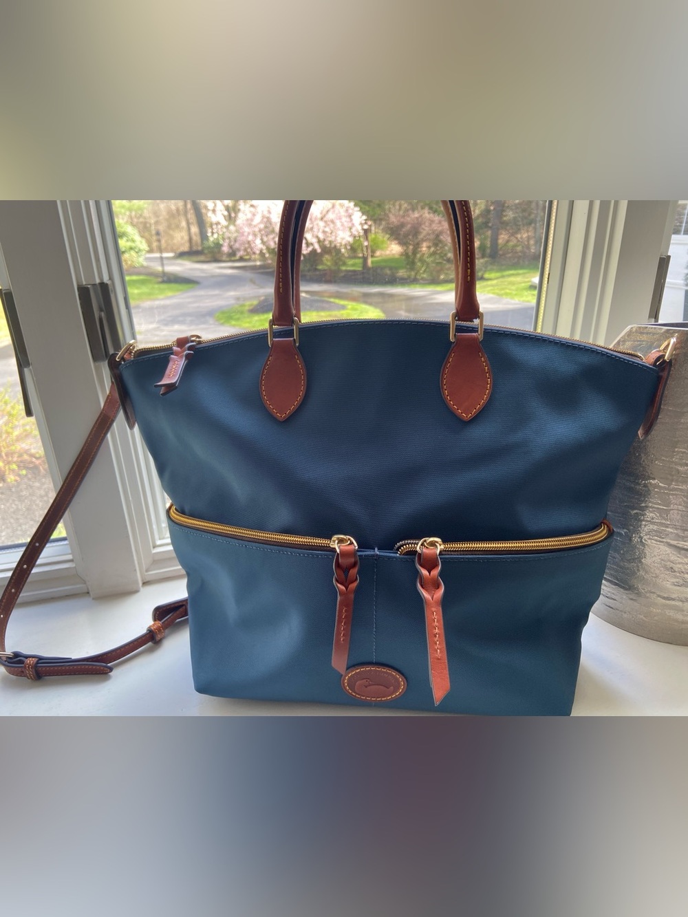 Dooney & Bourke Teal Blue Shoulder Bag with Brown Leather Trim